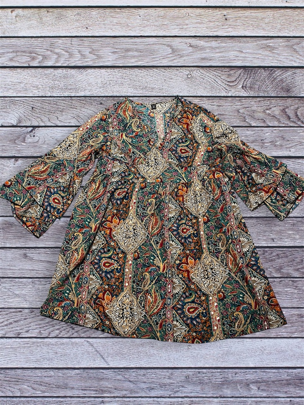 SHEIN Women's Boho Paisley Tunic Dress in Green & Gold 3xl